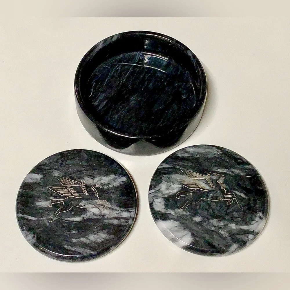 Vintage Executive Set of 2 Black Marble MOBIL Pegasus Logo Drink Coasters